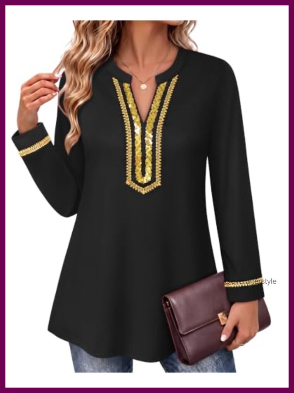Long Sleeve Henley V Neck Embroidered Sequin Tunic Top